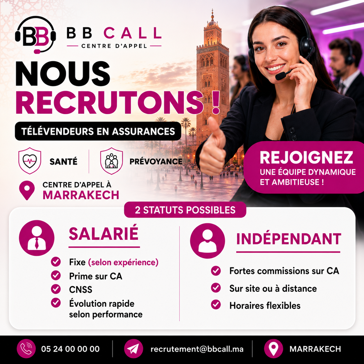 Annonce BB Call: nous recrutons des télévendeurs en assurances à Marrakech